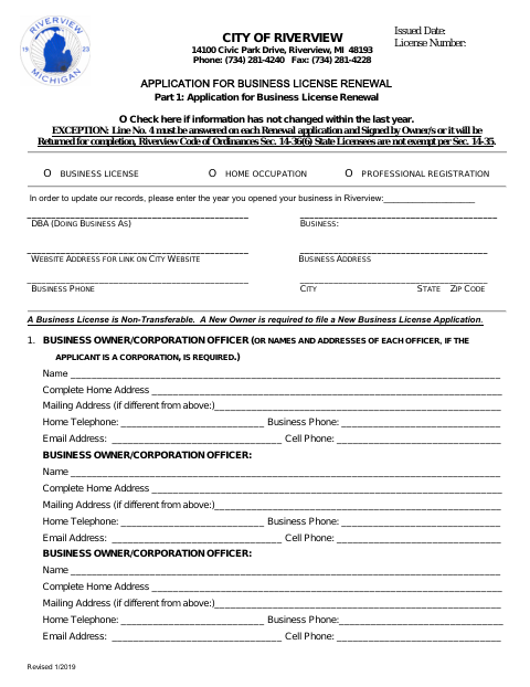 First page of the Application for Business License Renewal
