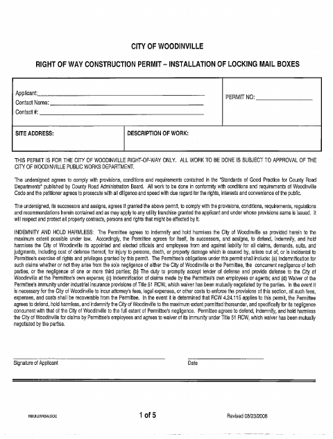 First page of the Right of Way Construction Permit – Installation of Locking Mail Boxes