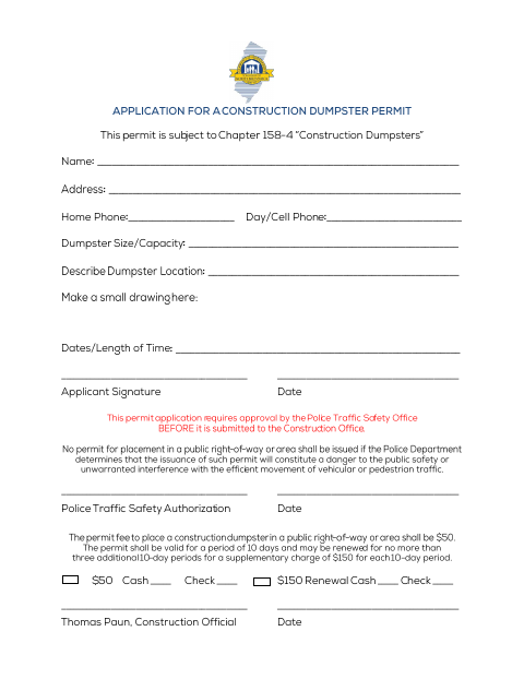 First page of the Construction Dumpster Permit Application