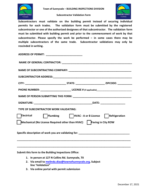 First page of the Subcontractor Validation Form