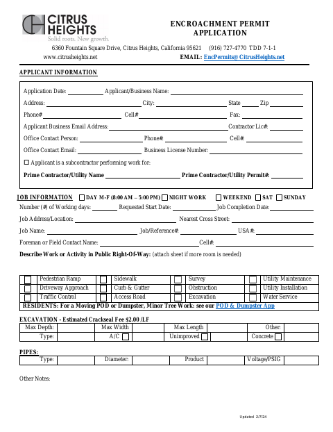 First page of the Encroachment Permit Application