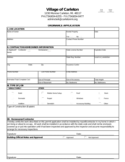 First page of the Ordinance Application