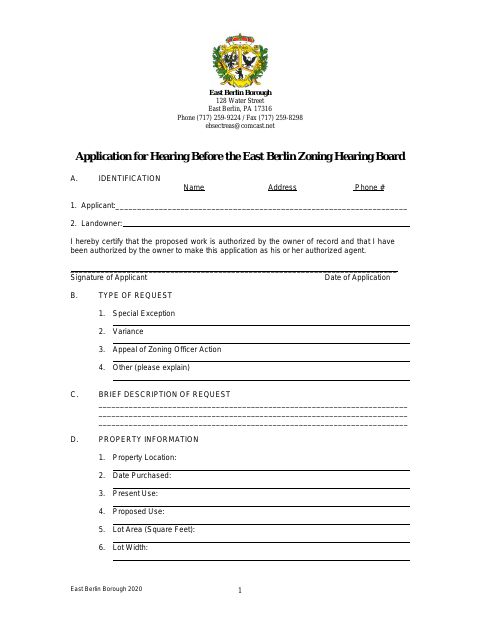 First page of the Zoning Hearing Board Application