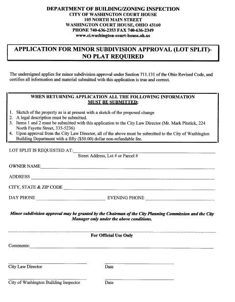 First page of the Minor Subdivision Approval (Lot Split) Application
