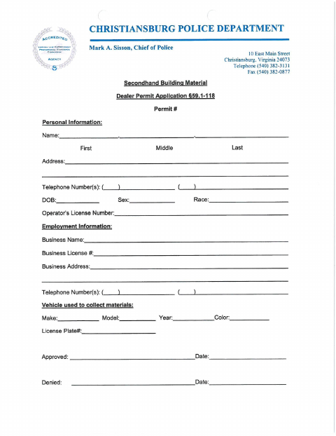 First page of the Secondhand Building Material Dealer Permit Application