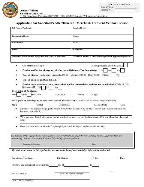First page of the Solicitor/Peddler/Itinerant Merchant License Application