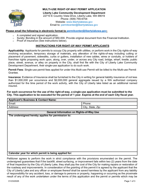 First page of the Right of Way Permit Multi-Sponsor Application