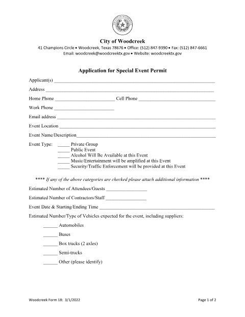 First page of the Special Event Permit Application