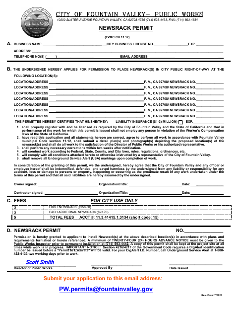 First page of the Newsrack Permit Application