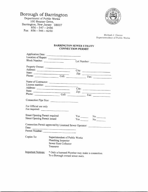 First page of the Sewer Utility Connection Permit