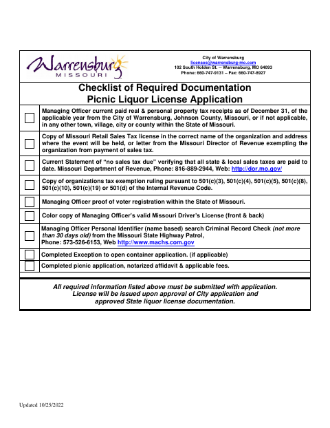 First page of the Picnic Liquor License Application