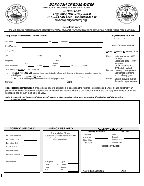 First page of the Open Public Records Act Request Form