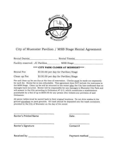 First page of the Pavilion Stage Rental Agreement
