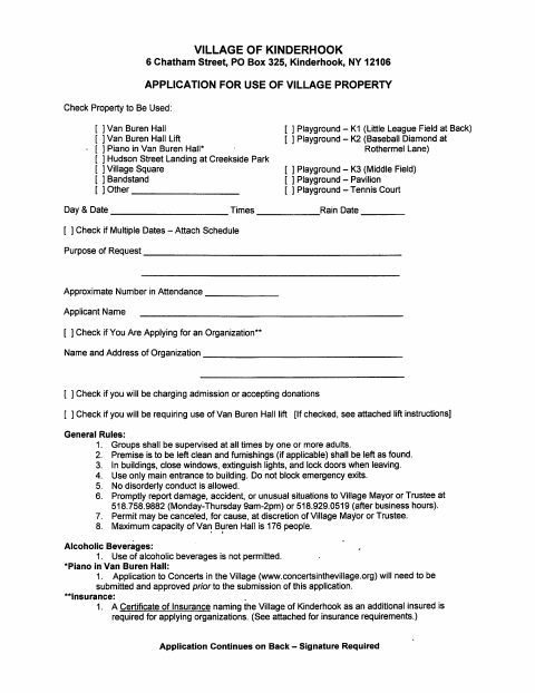 First page of the Application for Use of Village Property