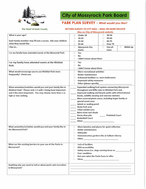 First page of the Park Plan Survey