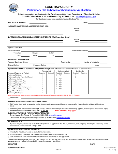 First page of the Preliminary Plat Subdivision/Amendment Application