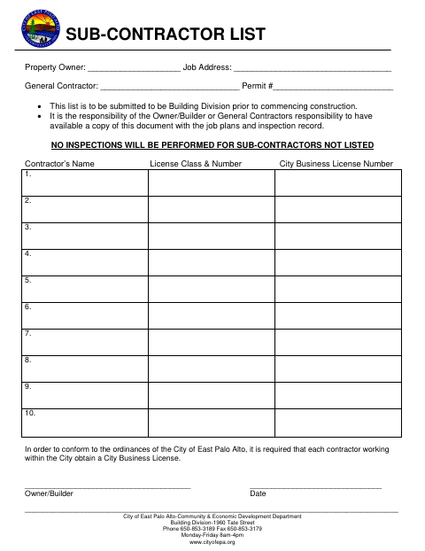 First page of the Sub-Contractor List