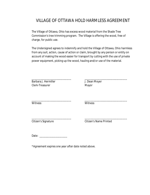 First page of the Hold Harmless Agreement