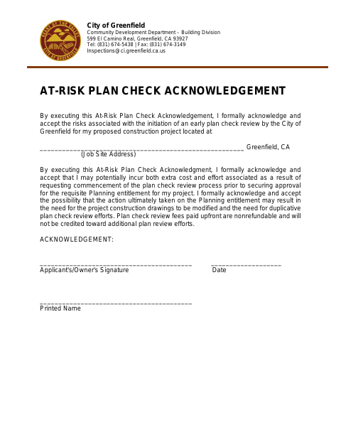 First page of the At-Risk Plan Check Acknowledgement
