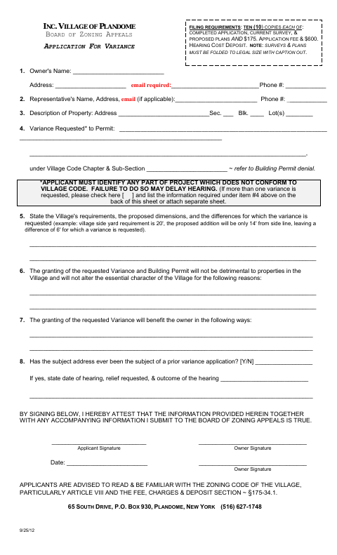 First page of the Application for Variance