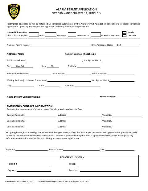 First page of the Alarm Permit Application