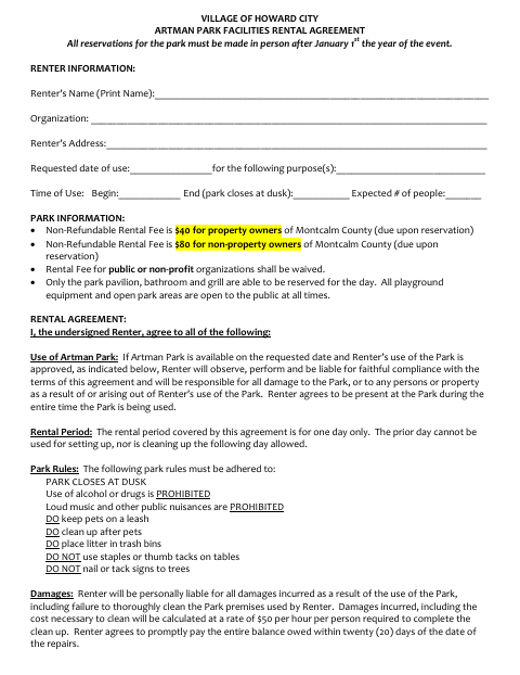 First page of the Artman Park Facilities Rental Agreement