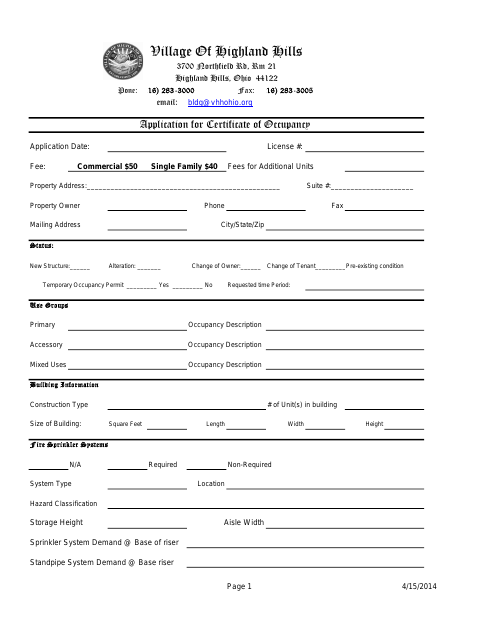 First page of the Application for Certificate of Occupancy