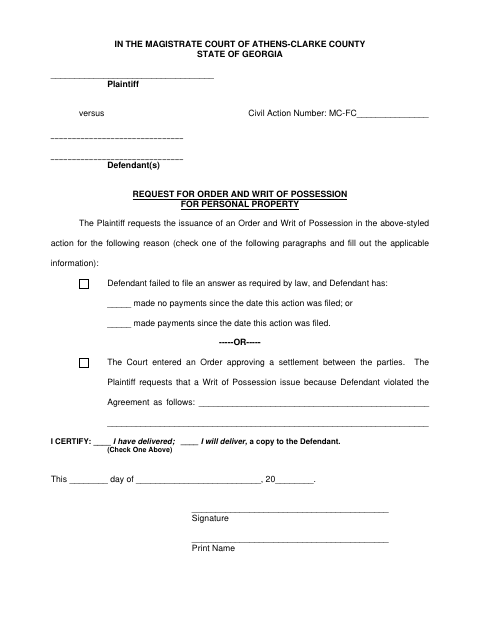 First page of the Request for Order and Writ of Possession for Personal Property