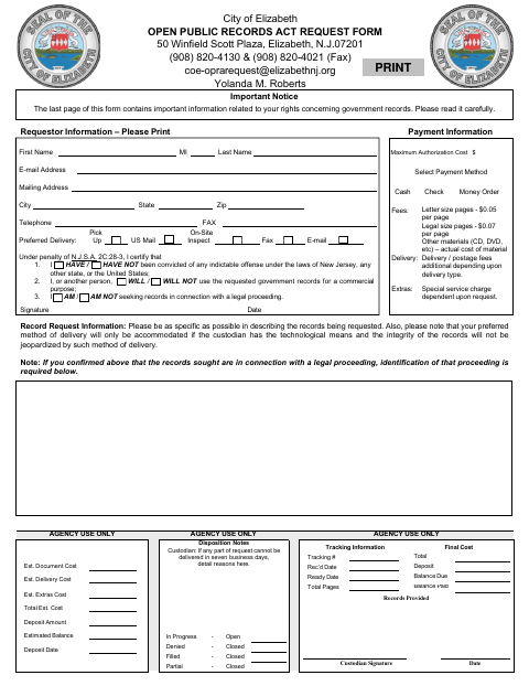 First page of the Open Public Records Act Request Form