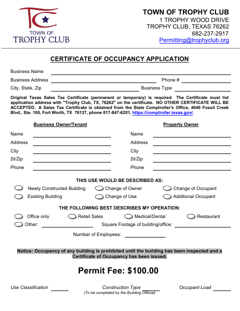 First page of the Certificate of Occupancy Application