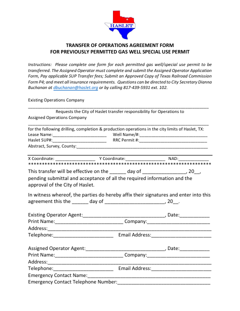 First page of the Transfer of Operations Agreement for Previously Permitted Gas Well Special Use Permit