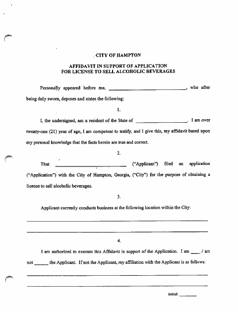 First page of the Affidavit in Support of Application for License to Sell Alcoholic Beverages