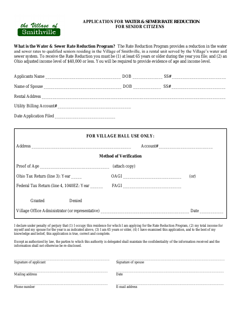 First page of the Application for Water & Sewer Rate Reduction for Senior Citizens