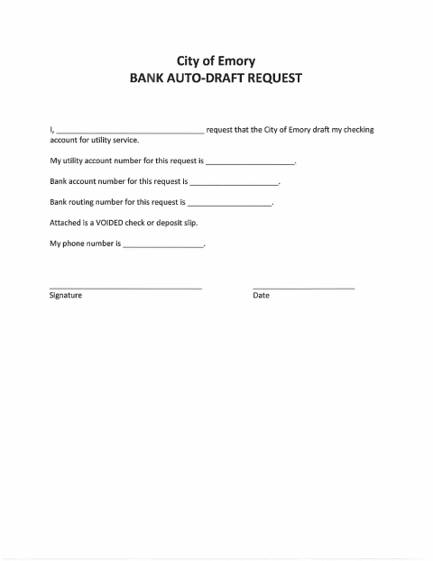 First page of the Bank Auto-Draft Request