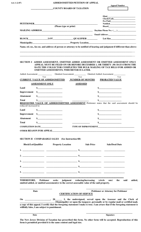 First page of the Added/Omitted Assessment Petition Of Appeal