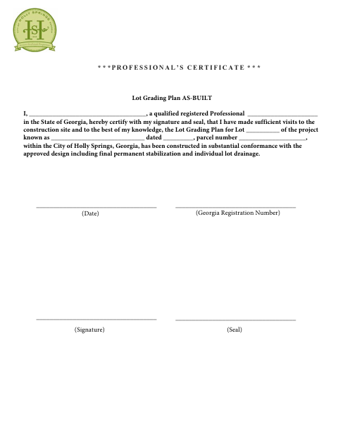 First page of the Lot Grading Plan As-Built Certificate