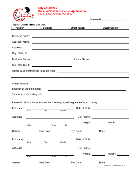 First page of the Solicitor/Peddler License Application