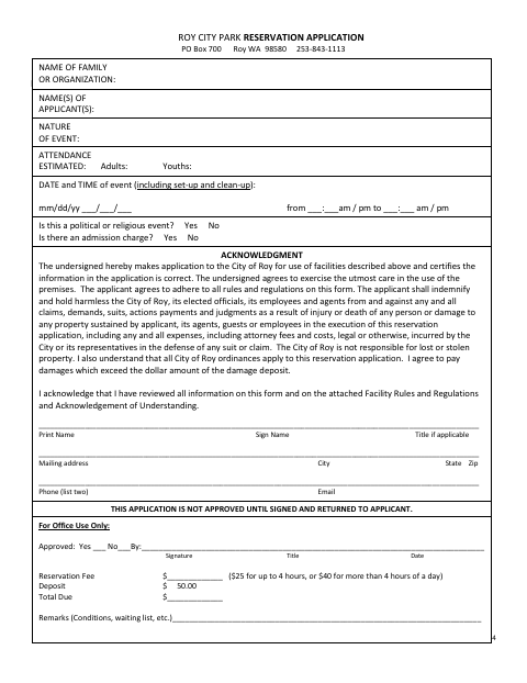 First page of the Park Reservation Application