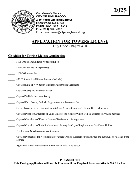 First page of the Towing License Application