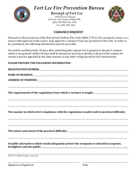 First page of the Variance Request
