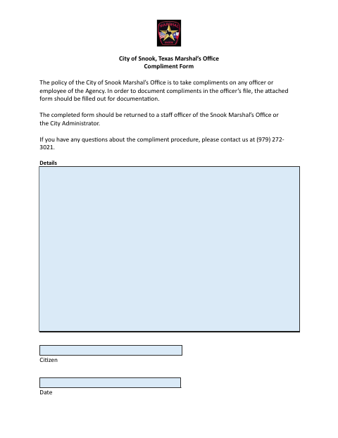 First page of the Marshal’s Office Compliment Form