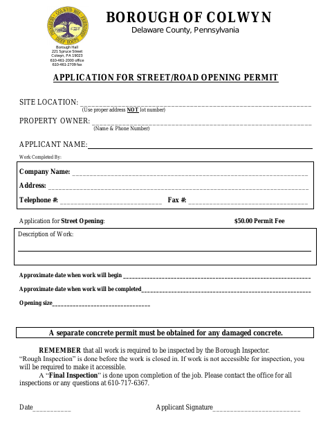 First page of the Street/Road Opening Permit Application