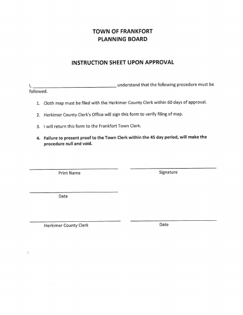 First page of the Planning Board Instruction Sheet Upon Approval