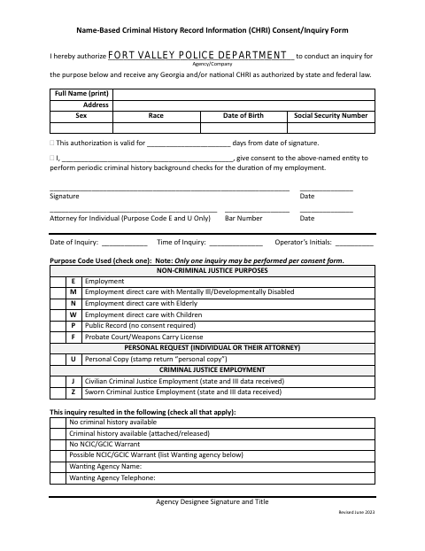First page of the CHRI Consent Inquiry Form