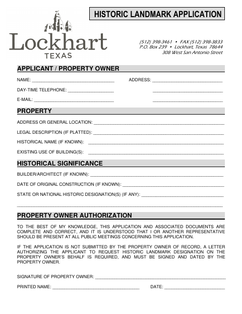 First page of the Historic Landmark Application