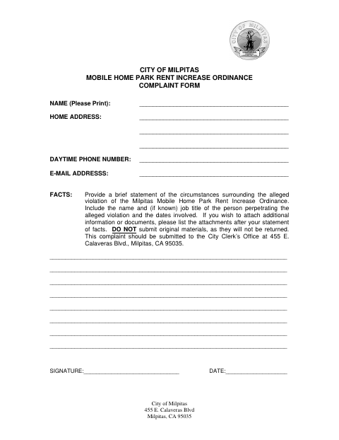 First page of the Mobile Home Park Rent Increase Ordinance Complaint Form