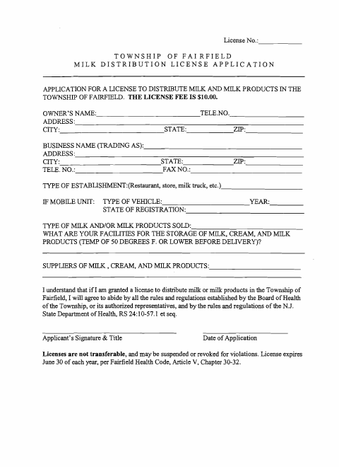 First page of the Milk Distribution License Application