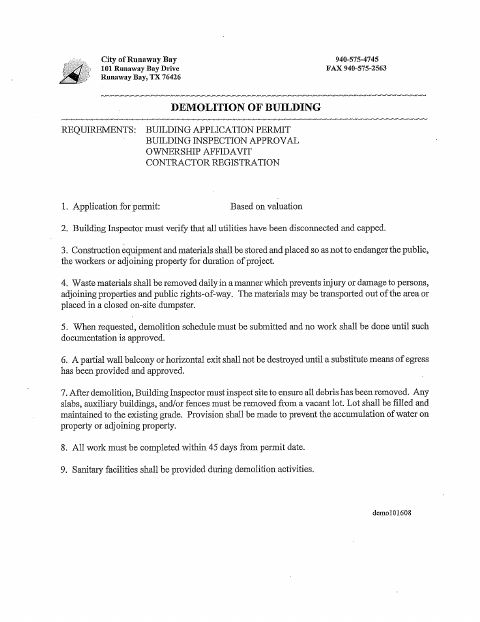 First page of the Demolition Permit Application