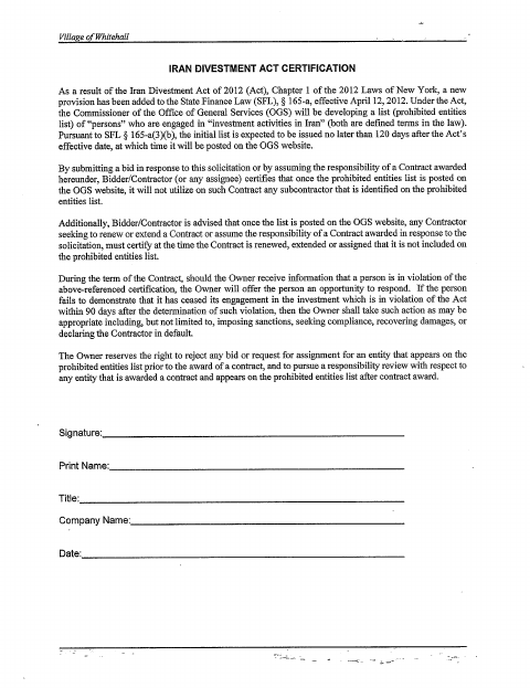First page of the Iran Divestment Act Certification