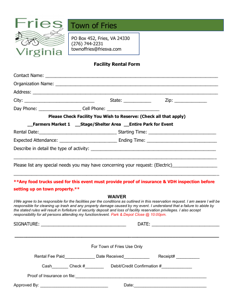 First page of the Facility Rental Form
